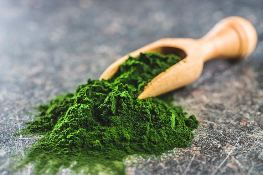 chlorella na dřevěné špachtli